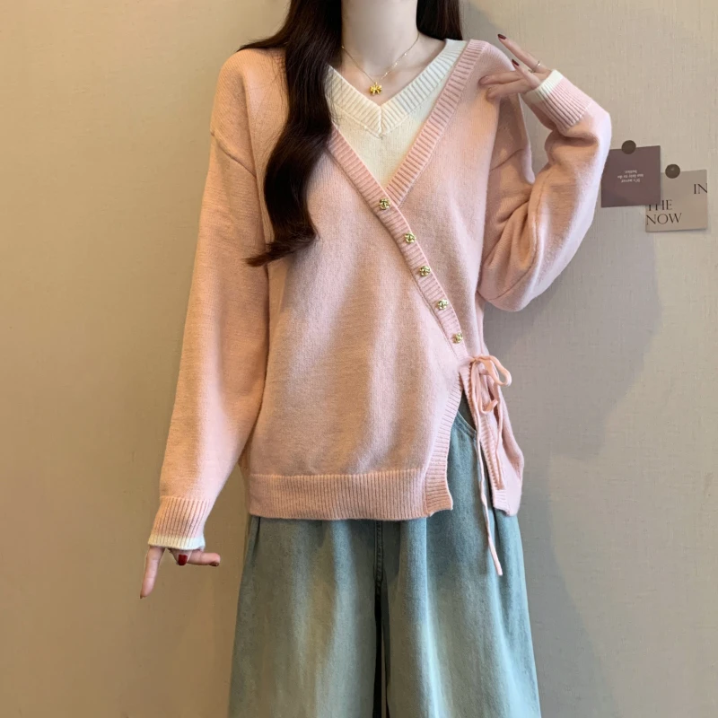 大码女装2024冬装新款洋气减龄设计感假两件慵懒毛针织衫V领上衣