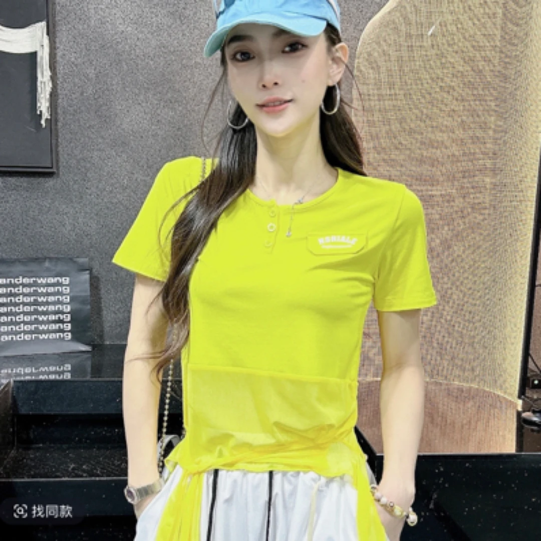 【好星程】2025螺纹棉+网纱拼接短袖9565