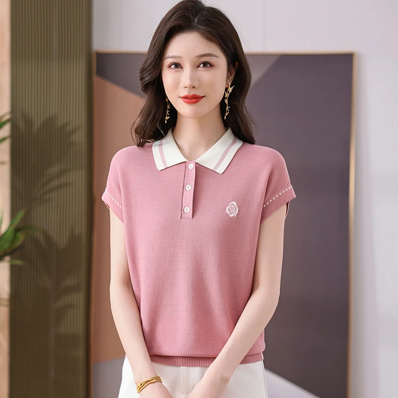 2025夏季新款翻领短袖女宽松气质莱赛尔T恤休闲百搭显瘦薄款上衣