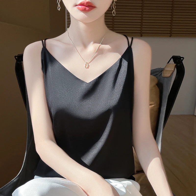 【现货宠粉】新款吊带背心女无袖醋酸缎面夏季纯色打底短款上衣薄款