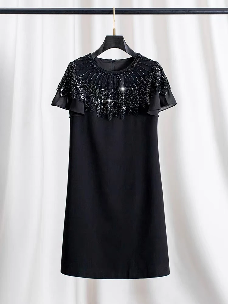 66115法式轻奢名媛气质圆领重工钉珠亮片刺绣收腰显瘦连衣裙