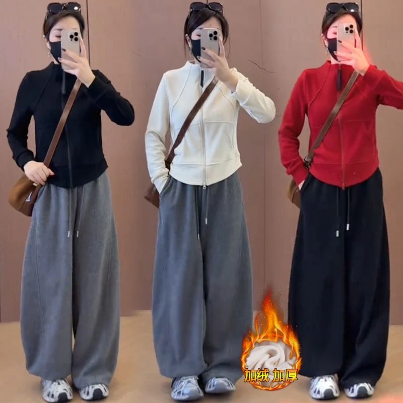 加绒时尚休闲套装女2026秋冬新款洋气显瘦卫衣外套阔腿裤两件套潮