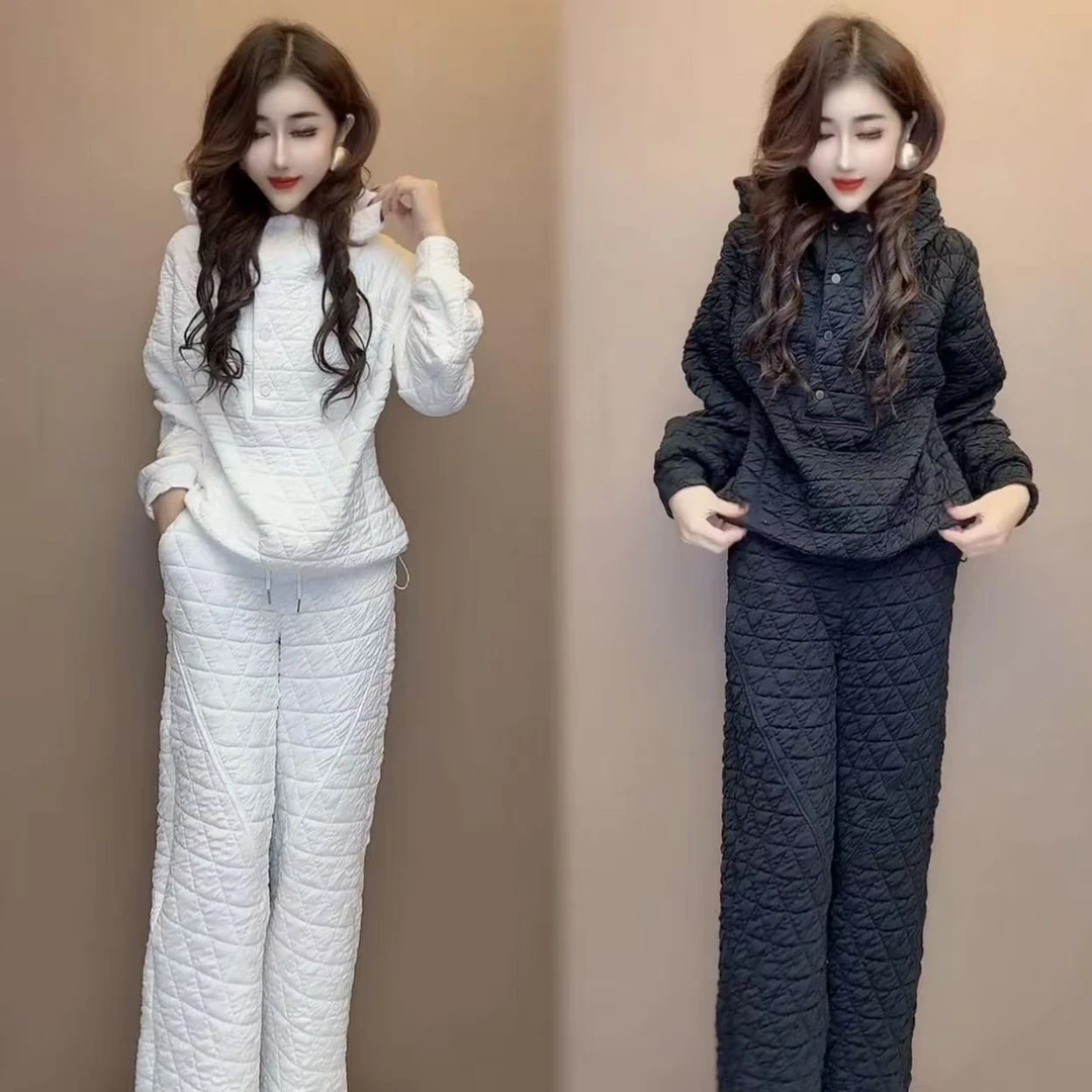 时尚套装女2025秋冬新款设计感菱格连帽上衣抽绳裤子洋气两件套潮
