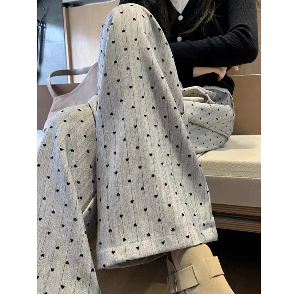 设计感爱心印花长裤子女早秋新款高腰显瘦阔腿裤小个子休闲山本裤