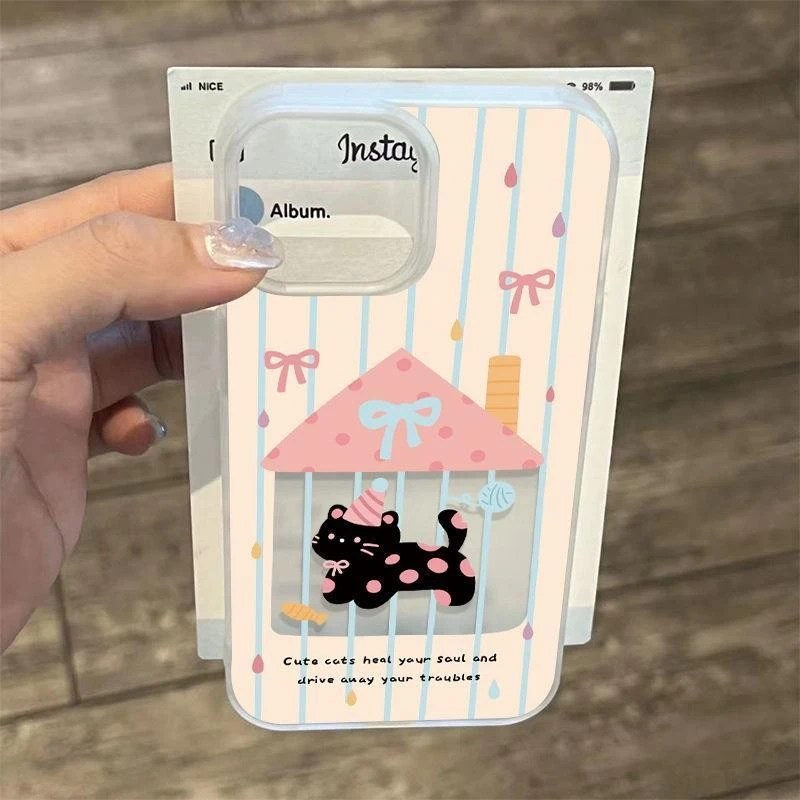 雨滴波点黑猫适用苹果16PROMAX手机壳iPhone15大孔14磨砂13软壳12