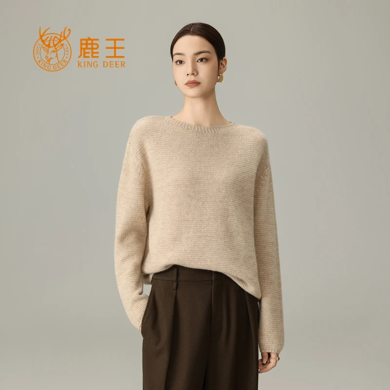 鹿王25秋冬新款女一字领100山羊绒花纱宽松休闲套衫 厚 5J9327