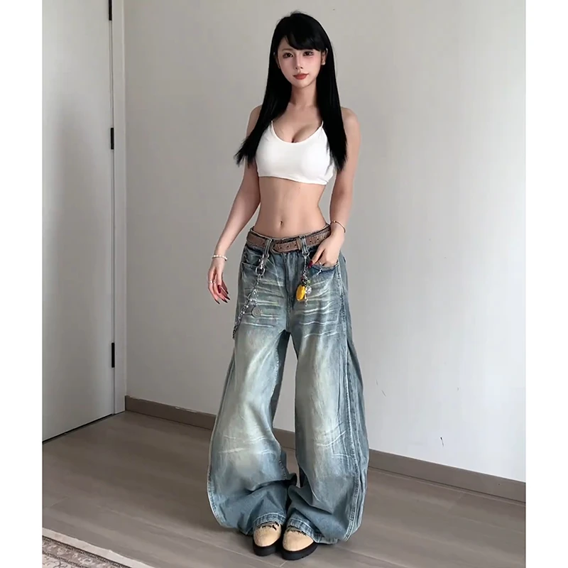 ONE Lilacfish 小众复古水洗做旧牛仔裤男女宽松直筒阔腿拖地长裤