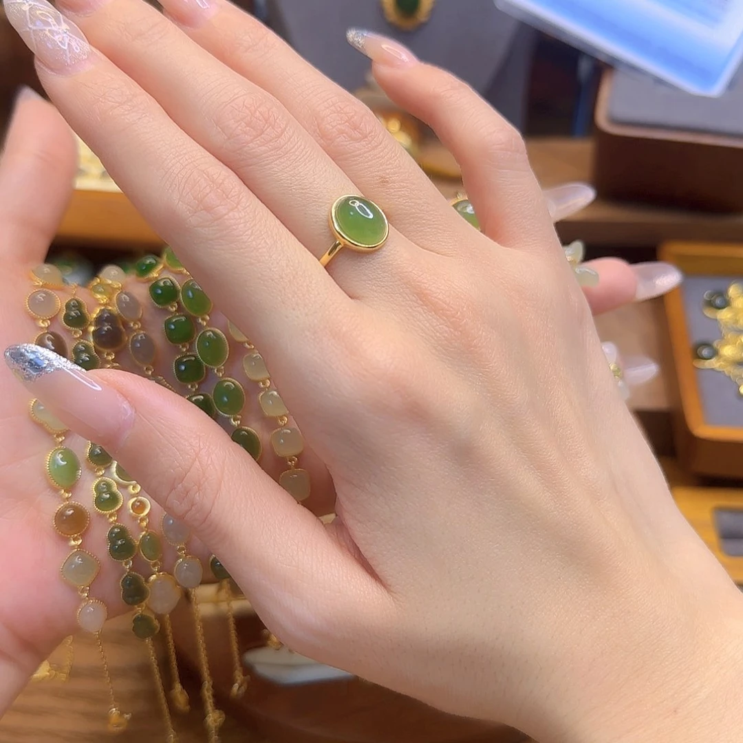 和田玉戒指银S925镀金镶嵌