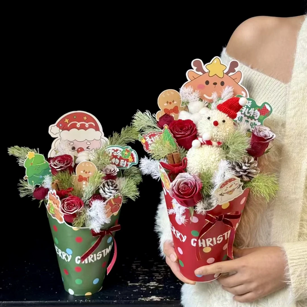 新款圣诞节波点派对一体式花艺速成卡平安夜装饰配件手提袋花束