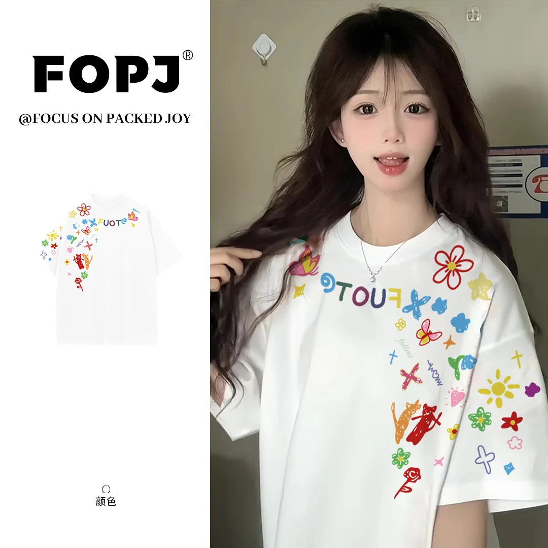 FOPJ美式复古潮牌创意卡通涂鸦印花夏季新款学院风短袖t恤女上衣