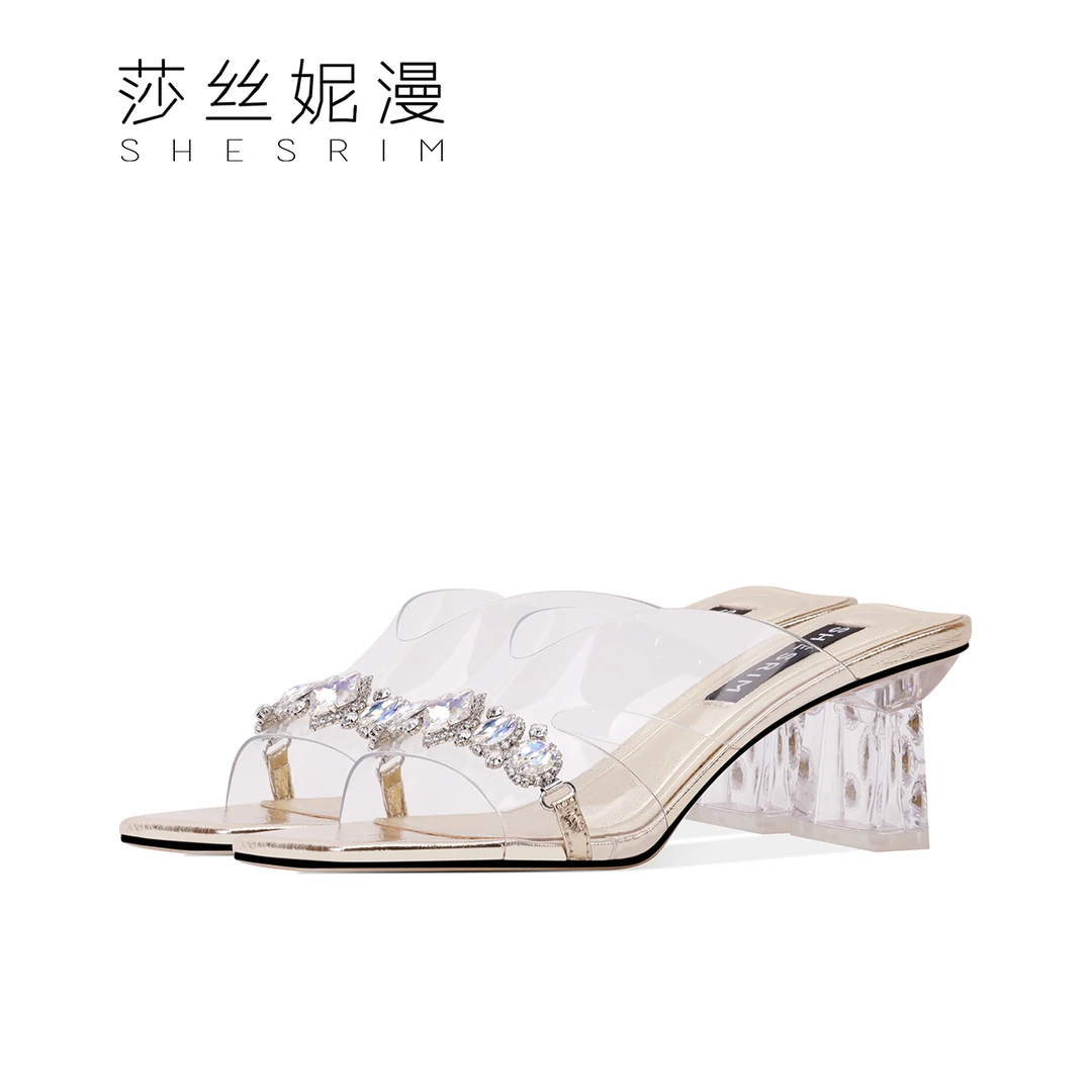 时尚高跟拖鞋女2025年夏季女鞋水晶跟透明粗跟露趾凉鞋百搭