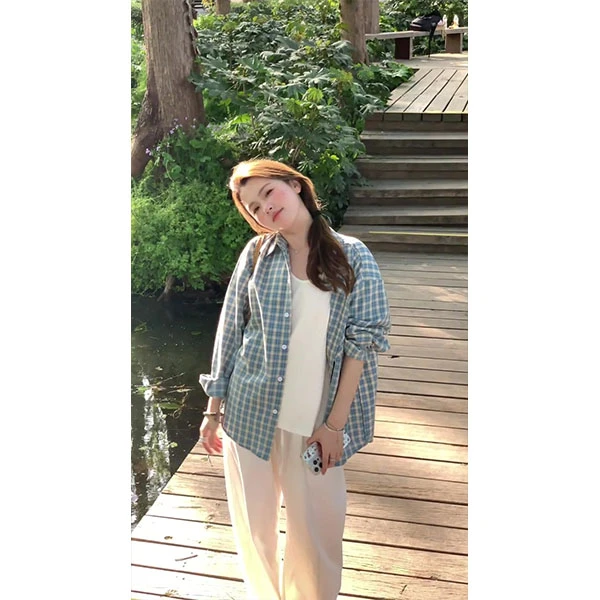 蓝色格子防晒衬衫外套女夏季2025新款韩系百搭衬衣短袖裤子套装