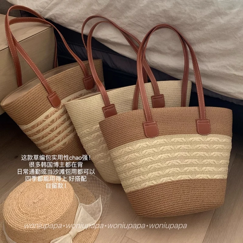 高档网红原创设计编制包包女手提草编包大容量沙滩度假单肩托特包