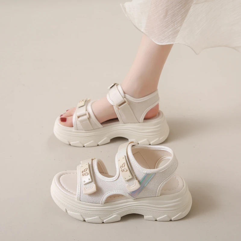 魔术贴凉鞋小香风时尚松糕厚底百搭休闲罗马鞋905-米