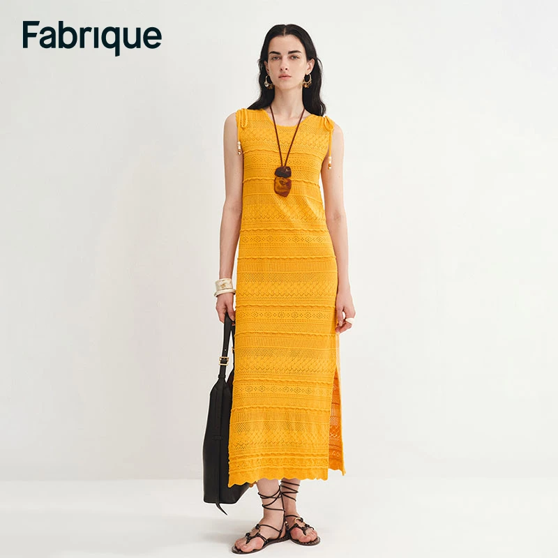 Fabrique Sibilla 春夏新款日落黄纯棉针镂空钩花圆领无袖连衣裙
