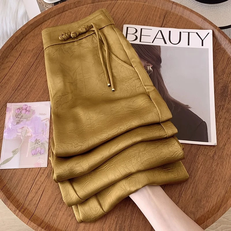 新中式国风冰丝阔腿裤女春秋垂感直筒裤凉凉裤夏季盘扣印花抖抖裤