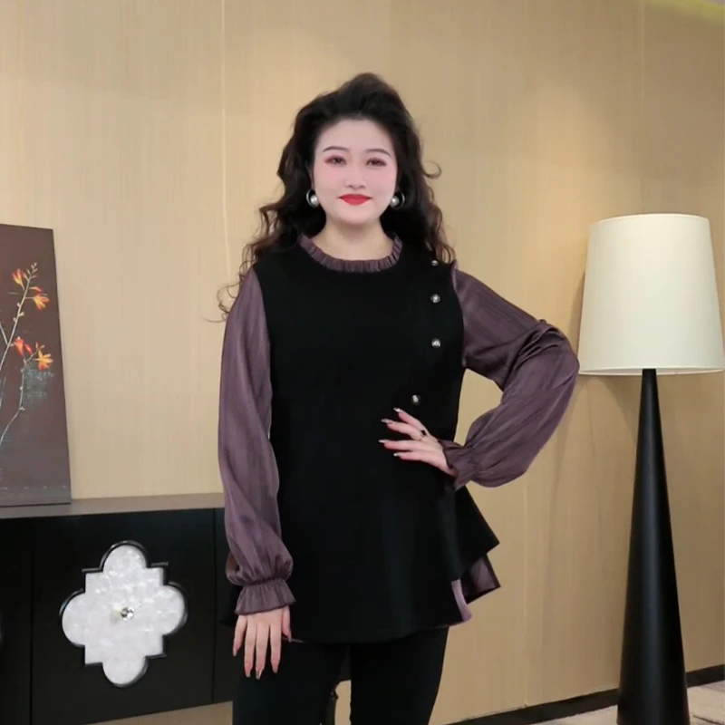 胖大柳定制大码女装春季新款圆领纽扣百搭显瘦时尚宽松上衣ZB6587