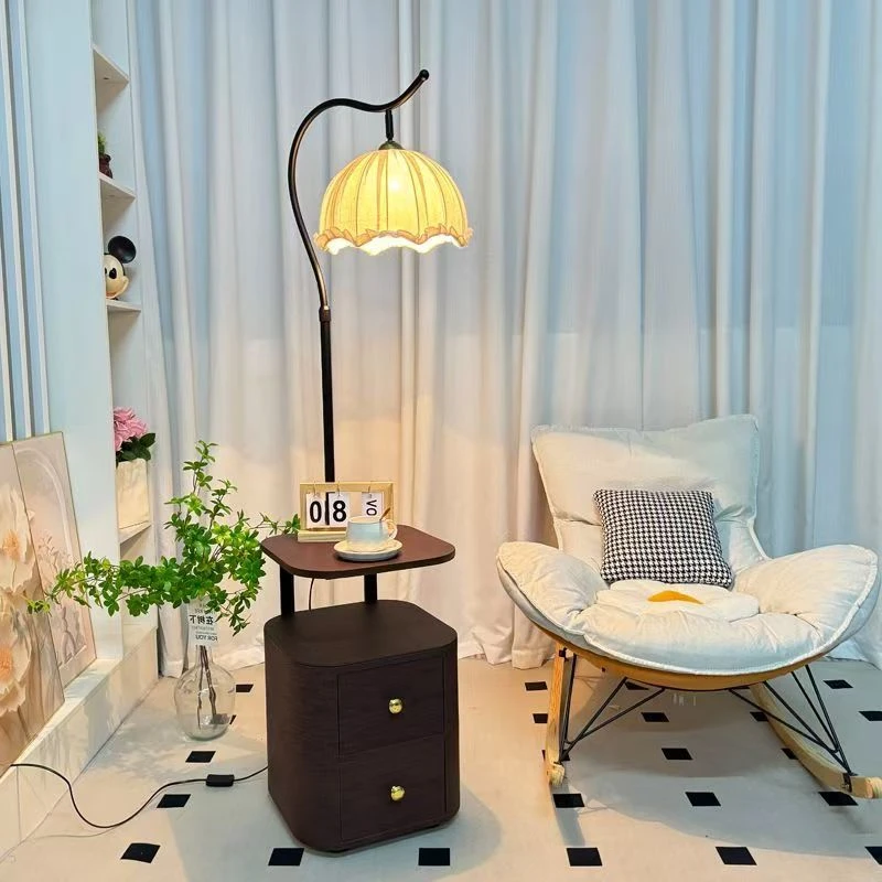 中古风卧室床头柜一体台灯客厅沙发旁边落地灯置物架氛围感钓鱼灯
