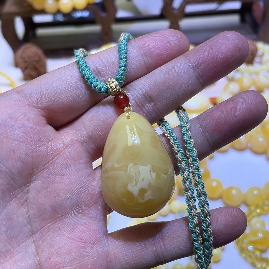 蜜蜡手串未镶嵌水滴吊坠焦皮溶洞款13.9