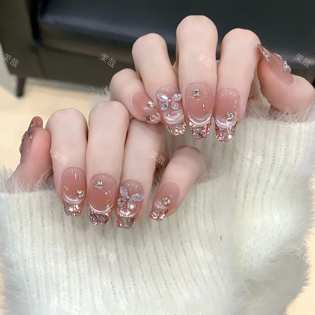 茉哉现货【粉羽微光】纯手工定制美甲拆卸穿戴甲A4259
