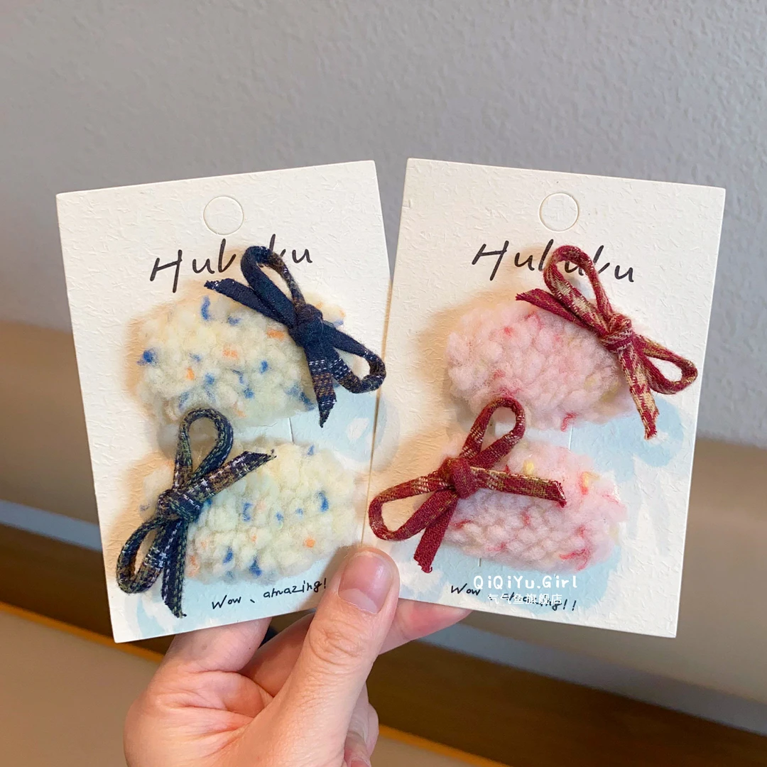 秋冬新款儿童蝴蝶结羊羔毛发夹宝宝前额刘海碎发卡bb夹子女童发饰