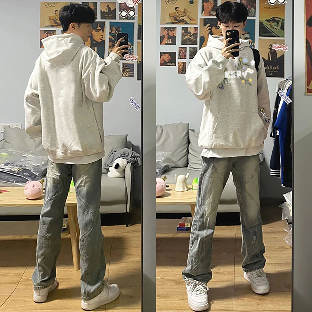 美式复古字母花卉印花连帽卫衣男女秋冬百搭情侣设计感小众外套潮