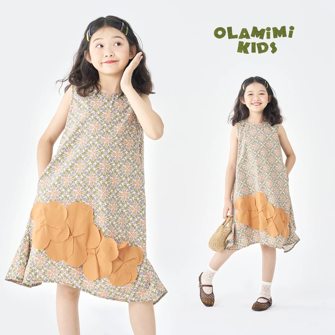 0LAMIMI 2025夏 亲子森系俏皮不规则立体花朵拼接碎花无袖背心裙