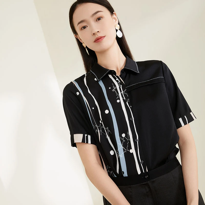 DI SETA90%桑蚕丝10%氨纶印花素色想拼短袖上衣