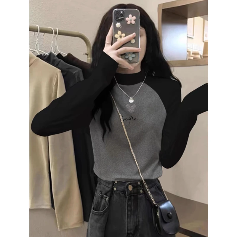 德绒加绒加厚保暖半高领长袖T恤女秋冬季磨毛内搭插肩上衣打底衫