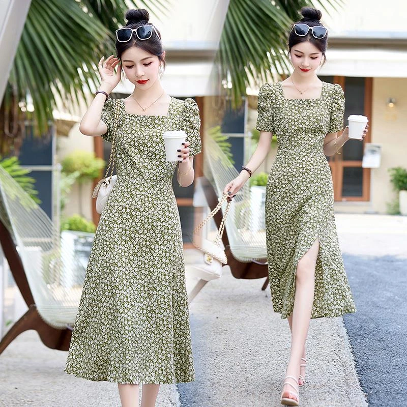 碎花连衣裙2025夏新款高级感超好看气质法式修身收腰显瘦雪纺裙子