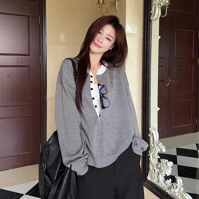 大码女装秋冬胖mm针织灰色单排扣休闲宽松百搭长袖上衣