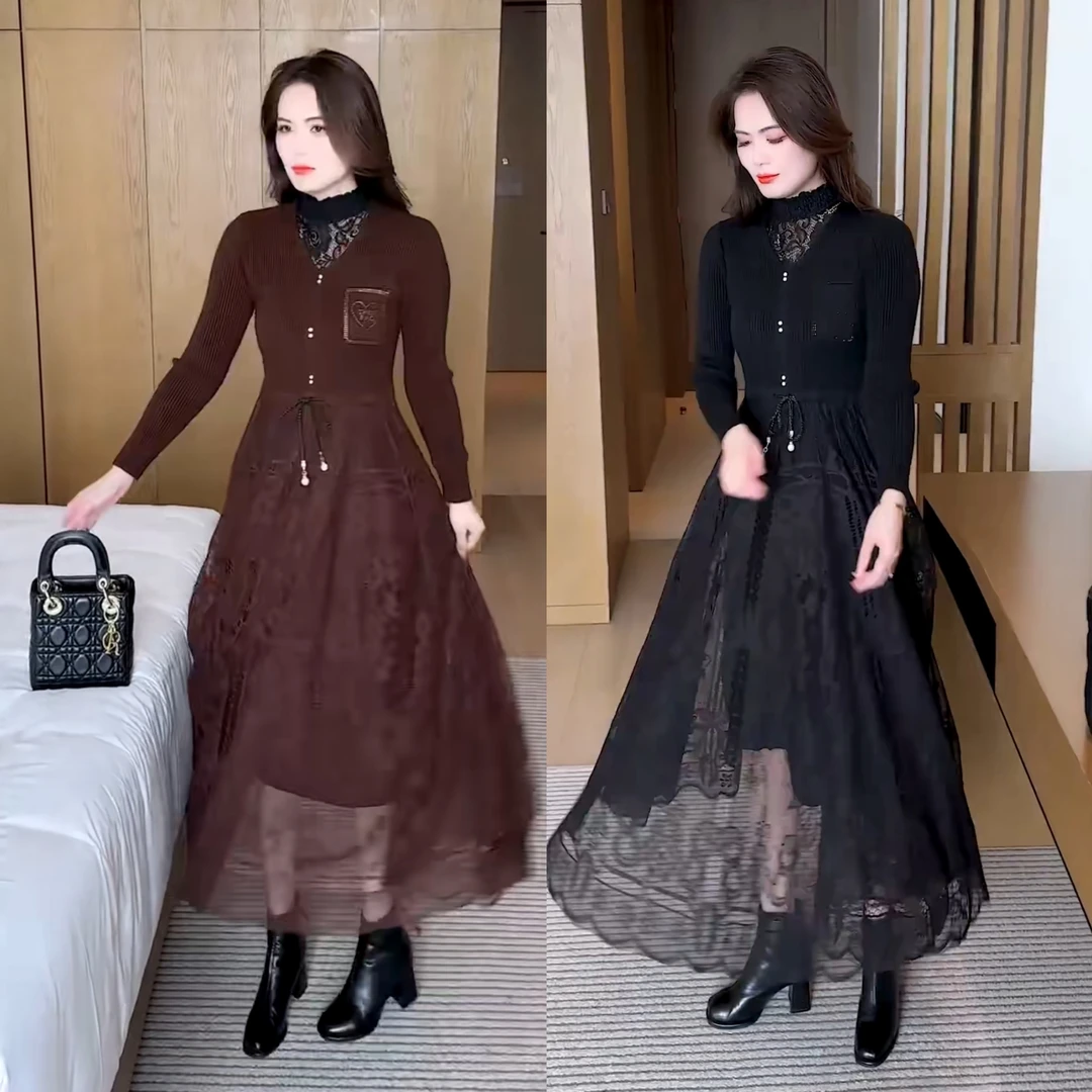 2025套头连衣裙常规长裙拼接长袖高弹力轻奢网红秋冬