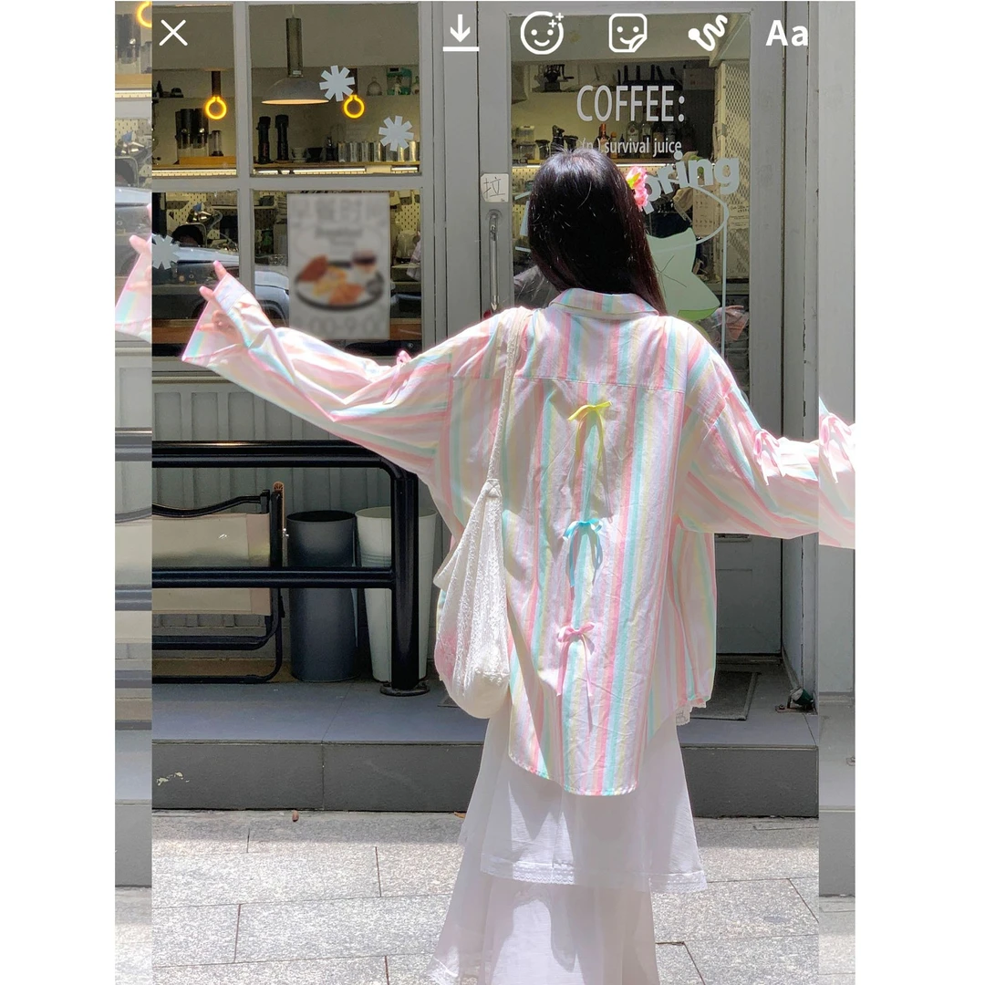 蝴蝶结条纹衬衫女秋韩系宽松中长款设计感甜美上衣百搭休闲气质