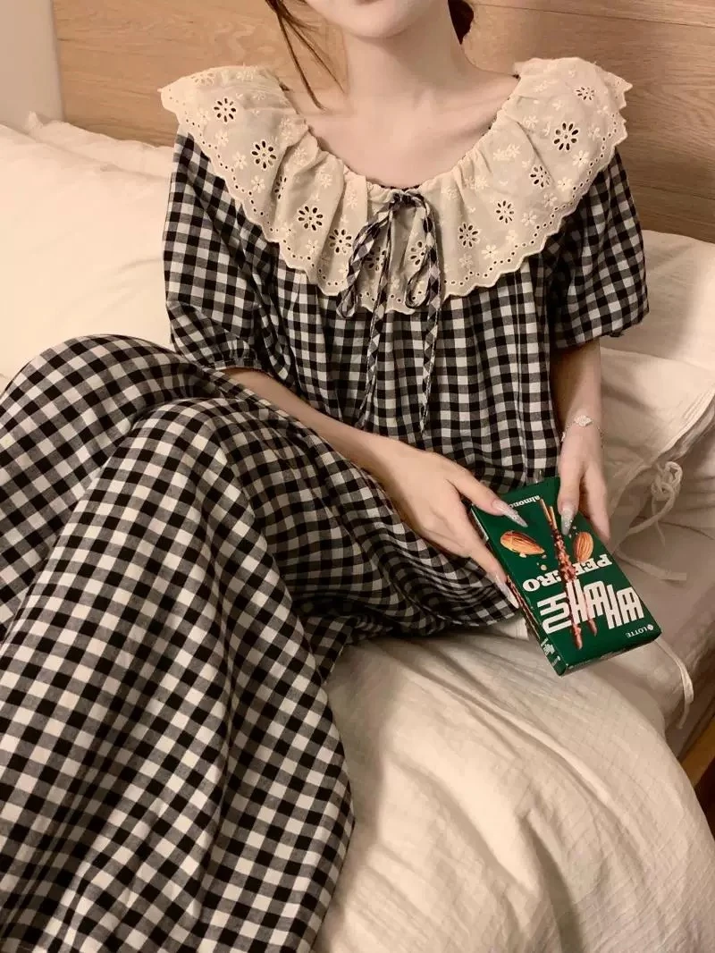 睡衣女夏季短袖长裤韩版花边圆领甜美纱布家居服套装