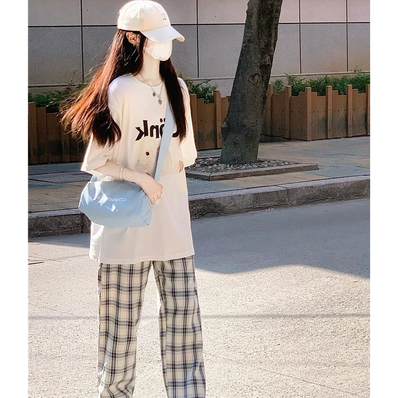 学生夏季休闲运动服套装女大童纯棉短袖休闲格子长裤学院风两件套