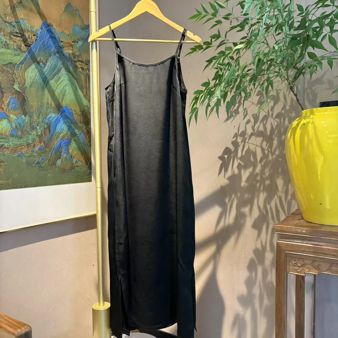 浅夏 芳华设计新中式复古提花吊带裙国风百搭黑色吊带裙FH-B050