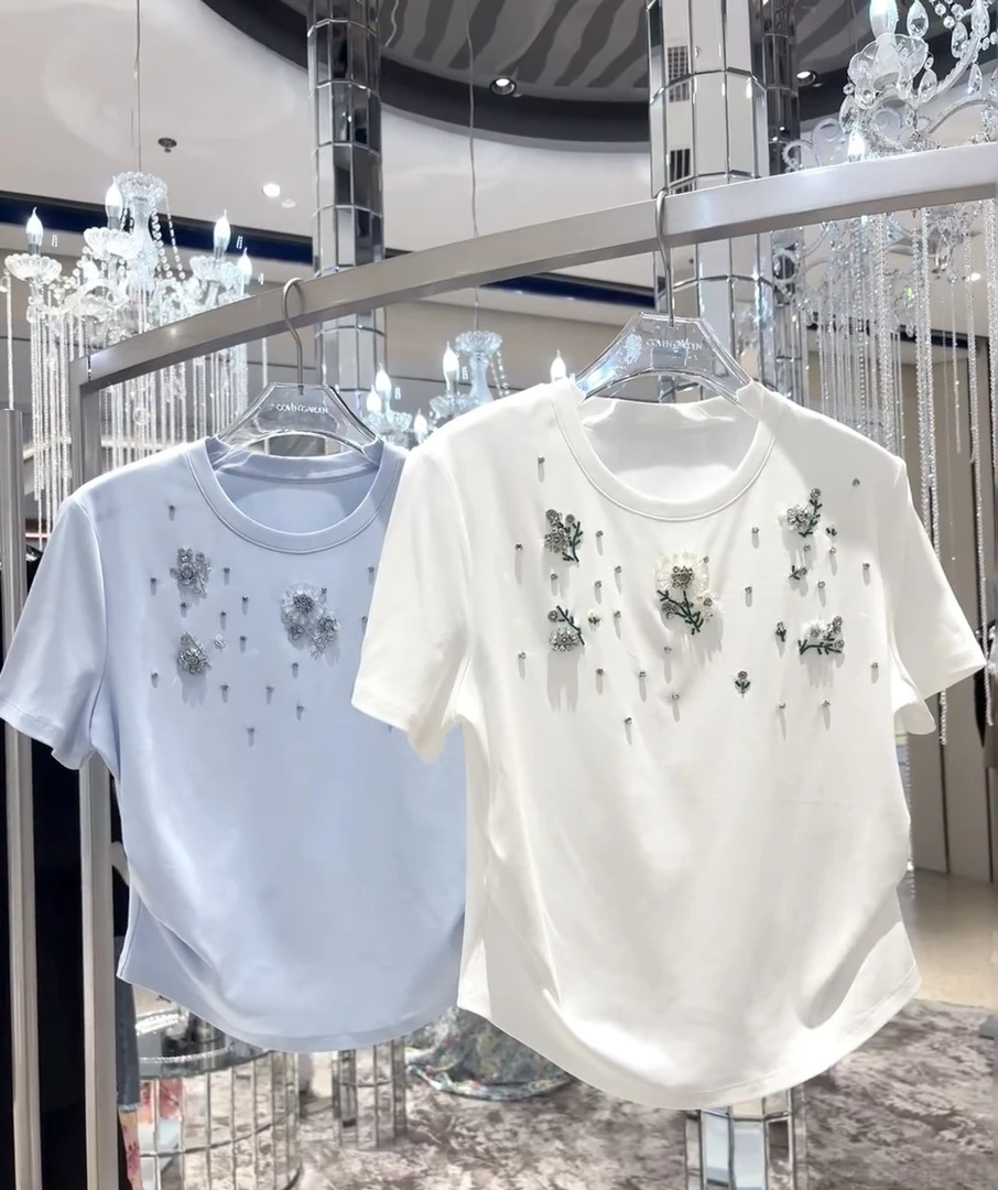 789直播间下单编号链接重工钉珠短款棉T恤