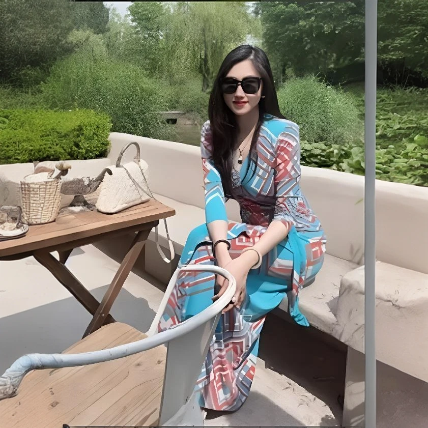 水蓝几何 一片式裹身裙v领气质显瘦修身连衣度假长裙