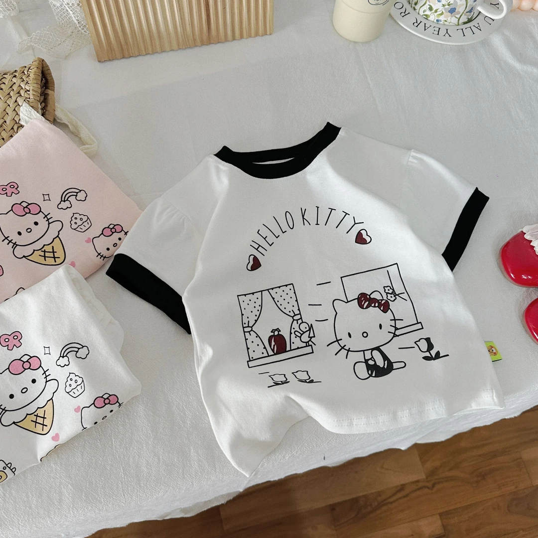 8464白色圆领上衣女童夏装新款卡通印花洋气儿童薄短袖