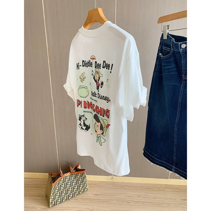 设计感韩版卡通印花白色短袖恤女2025夏季新款宽松休闲百搭上衣潮