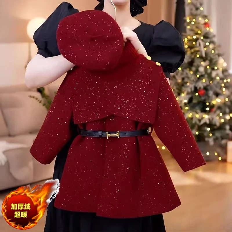 女童冬季加绒呢大衣2026新款儿童洋气加厚外套女孩冬装红色拜年服
