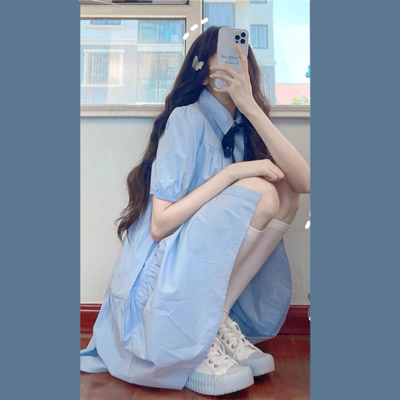 奶蓝色泡泡袖衬衫连衣裙气质女夏季学院风宽松遮肚子显瘦裙子