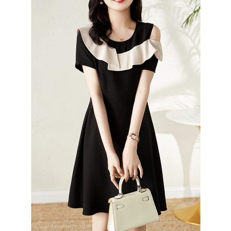 2025夏装短袖新款时尚洋气显瘦裙子荷叶边拼接露肩圆领连衣裙802