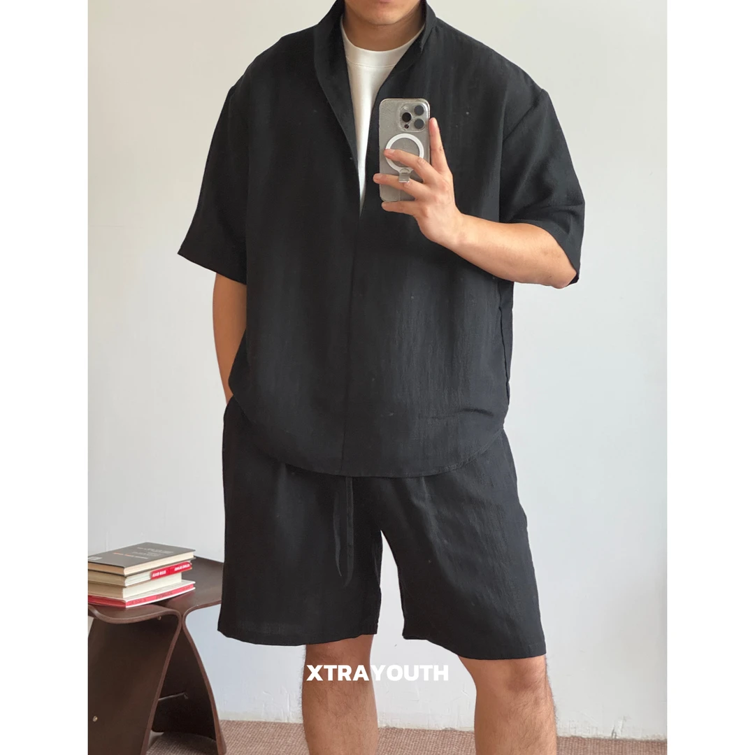 察外XY【亚麻天丝套】老钱风亚麻莱赛尔短袖+短裤假男士t恤短袖
