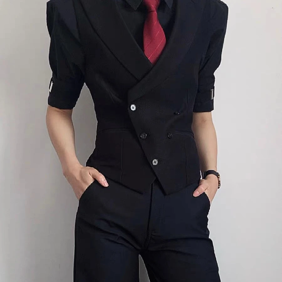 中性风春秋修身常规款双排扣背心设计师西服马甲韩版休闲收腰百搭