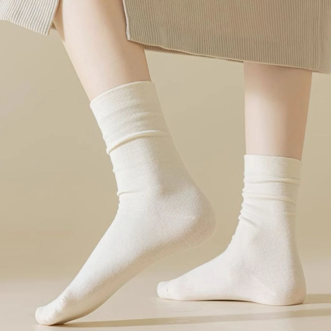 白色女士中长筒袜子春夏薄款堆堆袜ins四季纯色百搭月子袜