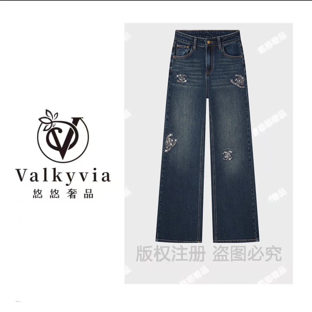 【Valkyvia/悠悠奢品】烫钻牛仔裤女高腰显瘦时尚刺绣直筒牛仔裤