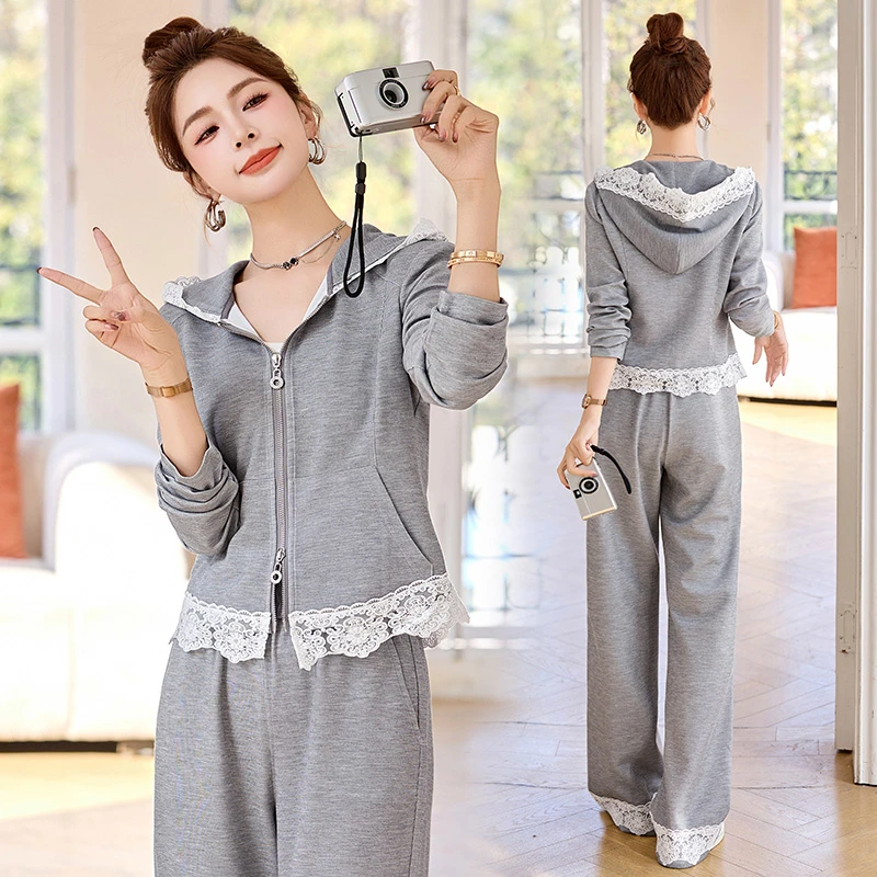 韩版时尚气质洋气休闲连帽蕾丝拼接卫衣外套阔腿裤两件套套装春装