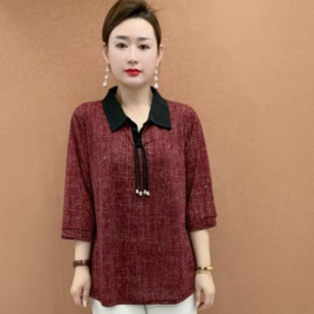 夏季妈妈时尚翻领宽松显瘦七分袖上衣衬衫T恤气质大码女装休闲