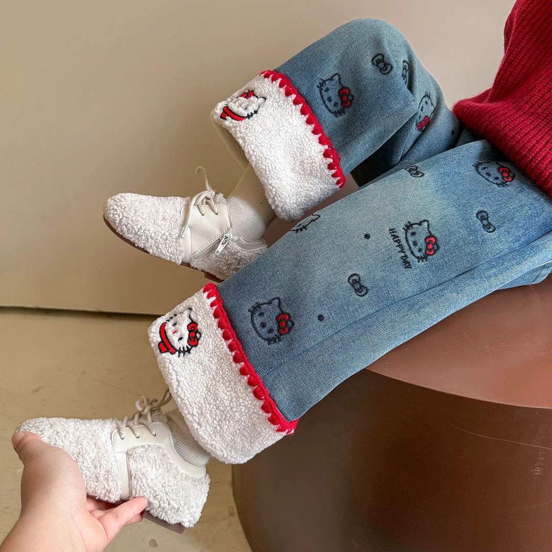 女童加绒牛仔裤秋冬2025新款宝宝洋气加厚一体绒直筒裤儿童保暖裤